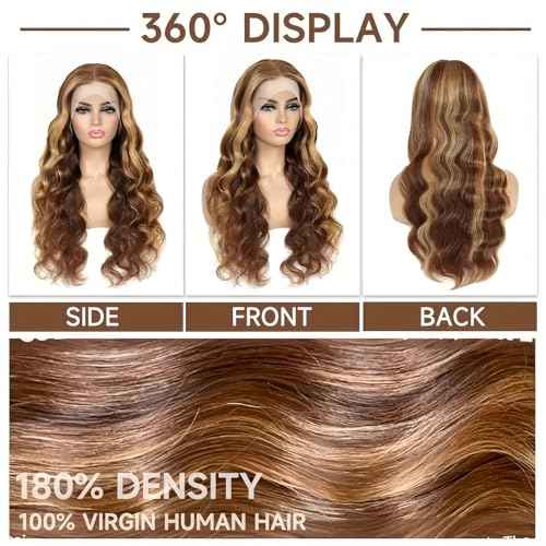 24 Inch Highlight Ombre 13x6 Lace Front Wig Human Hair Body Wave Honey Blonde Glueless HD Transparent Lace Frontal Wigs for Women 200% Density Human Pre Plucked with Baby Hair