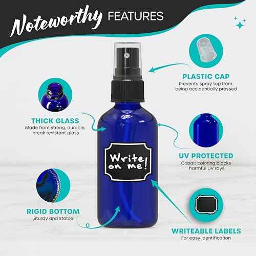 Nevlers Blue Glass Spray Bottles 4 Oz 48 Pack | Small Spray Bottles Mist Sprayer Set w/Funnel, Brush, Marker & Labels | Glass Mist Bottle For Use As Atomizer Sprayer for Perfume & More