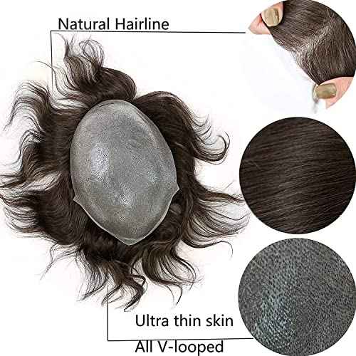 Men¡¯s Toupee Soft Thin Skin 0.06mm PU 10x8inch Hair Replacement for Men's Hairpiece 100% European Human Hair Pieces for Man #3 Dark Brown Color