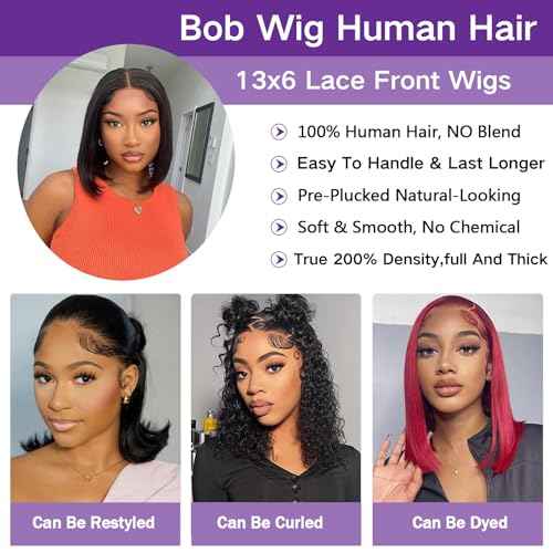 Bob Wig Human Hair 13x6 Frontal Lace Wig Short Straight HD Lace Front Bob Wigs for Black Women Human Hair Glueless Pre Plucked Hairline with Baby Hair 200% Density 14 Inch