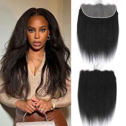 Kinky Straight 13x6 Frontal Yaki Straight Lace Frontal 100% Human Hair HD Transparent Lace Frontal Kinky Hair Frontal 13x6 Yaki Hair Closure Natural Black 1B Color 12 Inch 150% Density