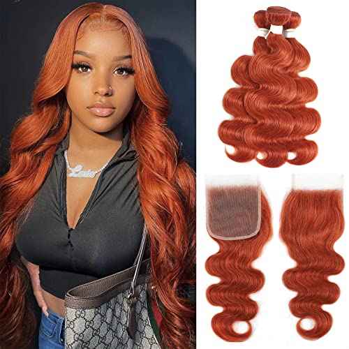 REMY HAIR Body Wave Orange Color Bundles Human Hair Bundles with 4?4 Lace Closure 100% Human Hair Natural Wave Bundles Brazilian Virgin Hair Extensions #350 Ginger Color 10 12 14 Inch with Closure 10