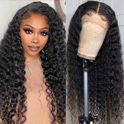 13x4 Deep Wave Lace Front Wigs Human Hair HD Transparent 180 Density Deep Curly Human Hair Wig Wet and Wavy 13x4 Lace Frontal Wigs Pre Plucked for Women Natural Black 24 Inch