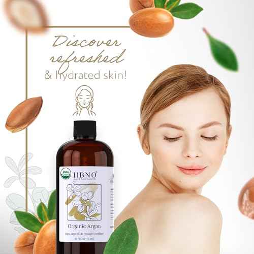 HBNO Organic Argan Oil - Huge 16 oz (475 ml) Value Size - Natural Argan Oils, Cold Pressed - Perfect Carrier Oil for Massage, Aromatherapy, DIY, Soap Making, Face, Body, Lips, Hair, Nails