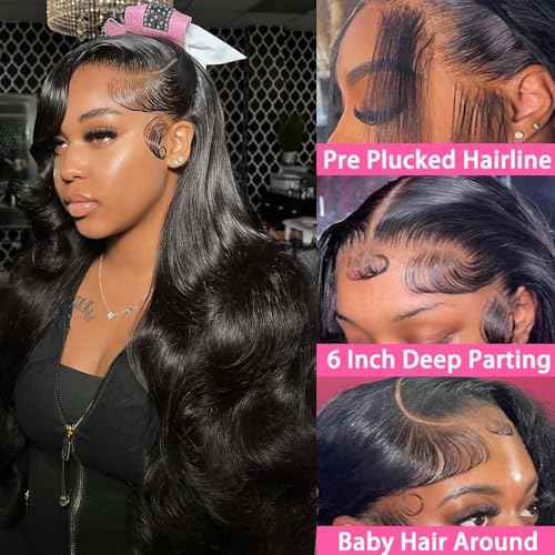 13x6 Lace Front Wigs Human Hair 200% Density Body Wave HD Lace Front Wigs Human Hair Pre Plucked Glueless 13x6 Full Frontal Wig for Women Natural Black 26 Inch