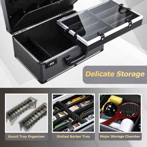 Professional Barber Travel Case - Portable Clipper Organizer Case with Dual Combo Locks, Adjustable Trays for Clippers, Shears, Trimmers - Secure Storage for Mobile Barbers and Stylists