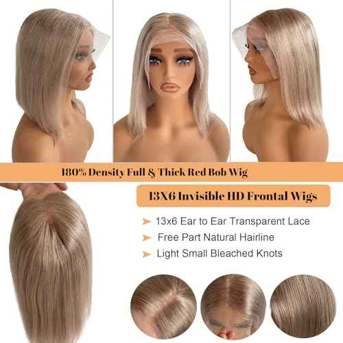 Munx Ash Blonde Bob Lace Front Wig Human Hair Pre Plucked Hairline 180% Density Short Bob HD Human Hair Wigs for Women 13x6 Deep Part Lace Front Wig Bleached Knots 8in