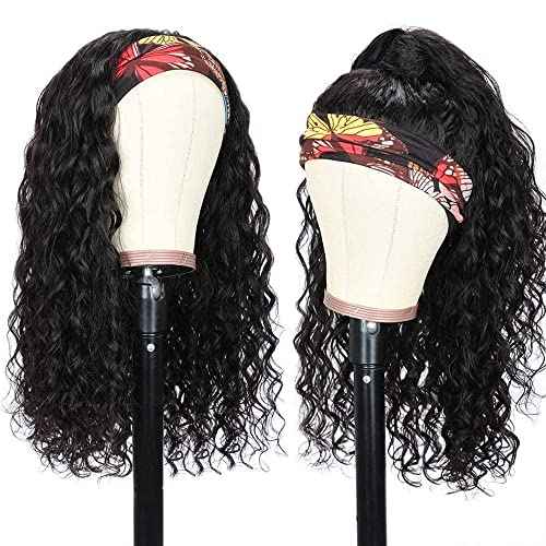 Headband Wig Human Hair Water Wave None Lace Front Glueless Curly Wig With Pre-Attached Scarf For Black Women Put And Go Wig Natural Beginner-Friendly 14 Inch