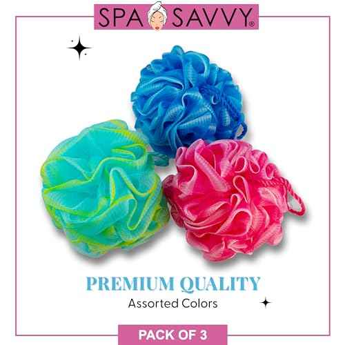 Bath Loofah Set, 3 Pack Shower Pouf Body Sponges with Suction Cups, Exfoliating Bath Accessories for Men and Women, Multicolor