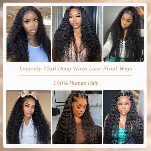 13x6 Deep Wave Lace Front Wigs Human Hair 200 Density 24 Inch Curly Wig 13x6 HD Lace Front Wigs Human Hair Glueless Wigs Human Hair Pre Plucked for Black Women Natural Color