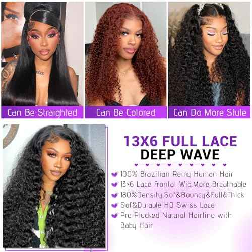 26 Inch Deep Wave Lace Front Wigs 13x6 HD Transparent Human Hair Lace Front for Women 180% Density Deep Curly Human Hair Wigs Pre Plcked Deep Wave Frontal Wigs with Baby Hair
