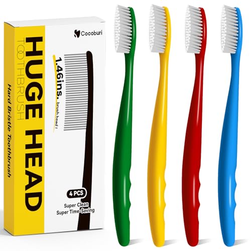 COCOBURI Huge Head Toothbrush Hard Toothbrushes for Adults Hard&Firm Toothbrush Bristles BPA Free Oral Care 4 Packs