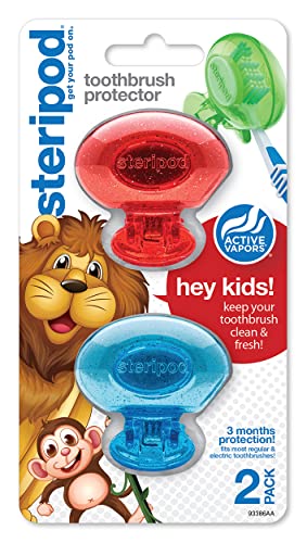 Steripod Kids' Clip-On Toothbrush Protector, Keeps Toothbrush Fresh and Clean, Fits Most Manual and Electric Toothbrushes, Red and Blue Glitter, 2 Count