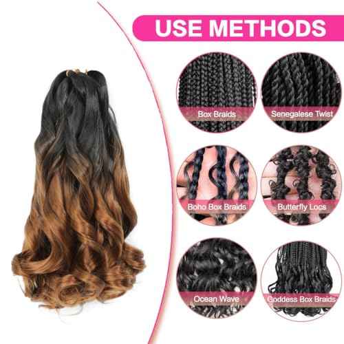 French Curl Braiding Hair 14 Inch 8 Packs French Culy Braiding Hair Ombre Brown Loose Wavy Synthetic Hair Extensions for Black Women (14 inch 8 Pcs, B29)