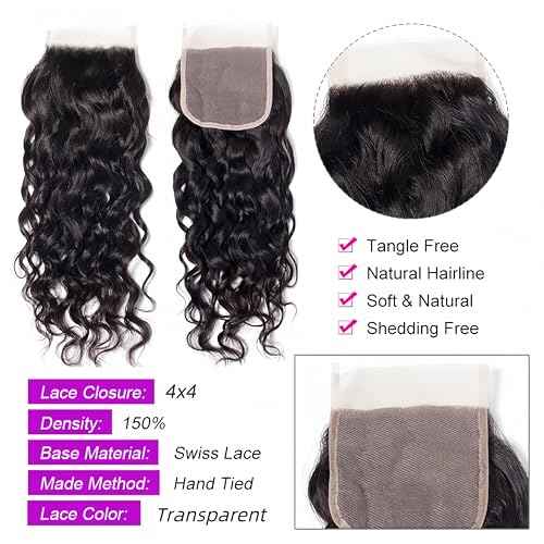 Brazilian Water Wave with Lace Closure - Wet and Wavy Hair, Deep Curly Human Hair 5 Bundles (50g/bundle) with 4x4 Lace Closure (16/16/16/16/16+16")