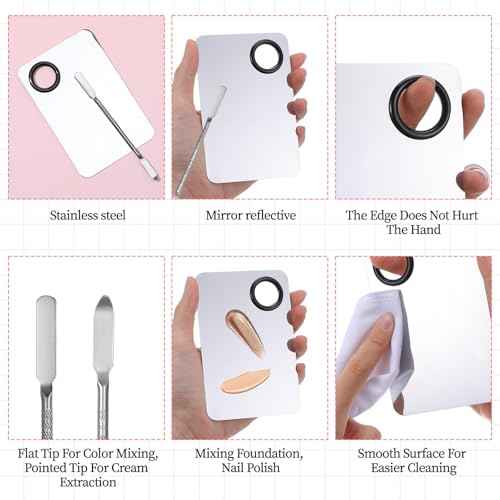Ouligay 3 Pcs Make Up Spatula Tool Including Makeup Mixing Palette,Foundation Spatula,Makeup Palette Tray,Makeup Accessories Set for Women Girl Korean Makeup Cosmetic Spatula Tool(Metal)