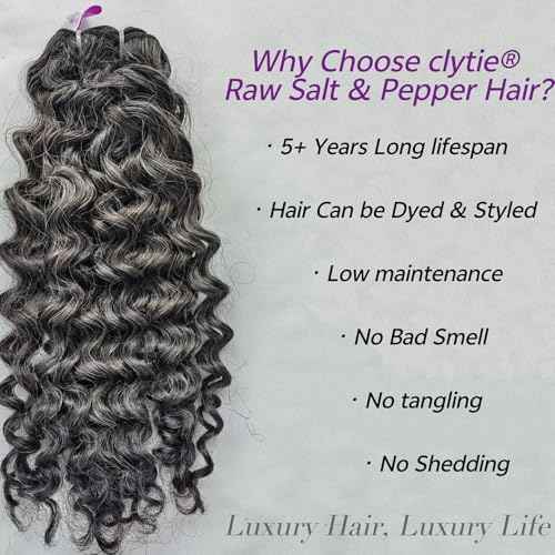 Raw Curly Salt and Pepper Gray Human Hair Bundles Unprocessed 16IN Grey Human Hair 1 Single Bundle, 5+ Years Long Lifespan 50% Grey Mixed 50% Black Color Virgin Hair Weave Weft by Clytie
