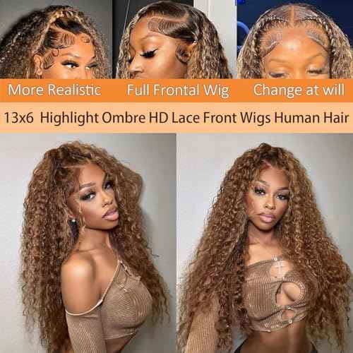 AKUZO Highlight Ombre Deep Wave Lace Front Wigs Human Hair 13x6 lace front wigs human hair Pre Plucked with Baby Hair 4/27 Honey Blonde wig for Black Women 200 Density 24inch