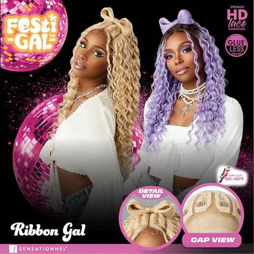 Sensationnel Shearmuse Festigal Lacewig - Ribbon Gal Glueless Laceparting Hand Tied Ready to Wear Synthetic Prestyled Units (BEIGEBLONDE)