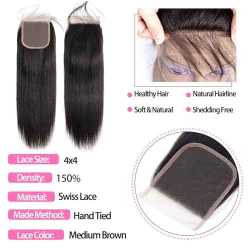 10A Straight Bundles with Closure 20 22 24 with 18 Inch Human Hair Bundles with Closure 100% Unprocessed Brazilian Virgin Human Hair Weave with Closure HD Lace