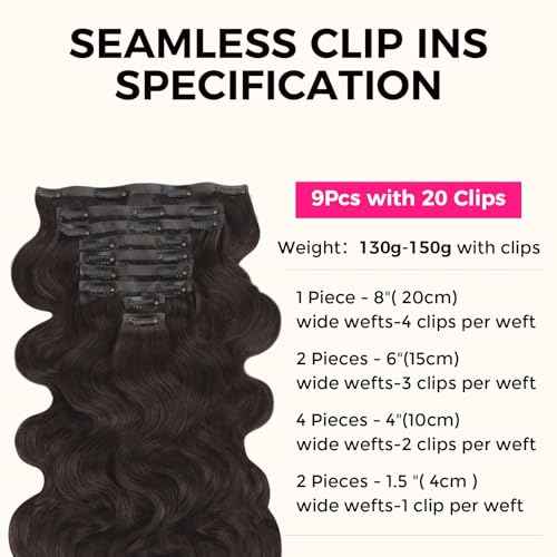 Lashey Seamless Clip in Hair Extensions Human Hair 150g 9pcs 20 Inch Body Wave #2 Dark Brown Clip in for Women PU Weft Hair Extensions