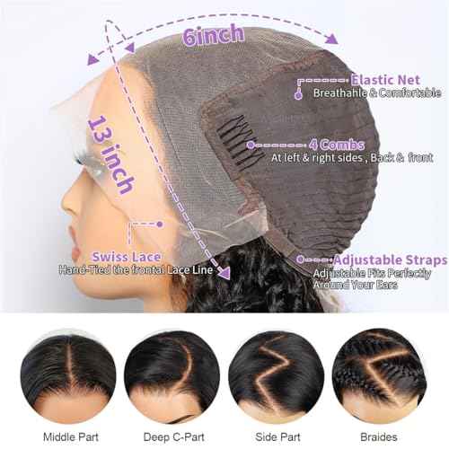 MSGEM 13x6 HD Lace Front Wigs Human Hair Deep Wave Lace Front Wigs 12A Human Hair Wigs for Women 180 Density 20 inch Curly Human Hair Wig Transparent Lace Frontal Wig Pre Plucked Natural Color