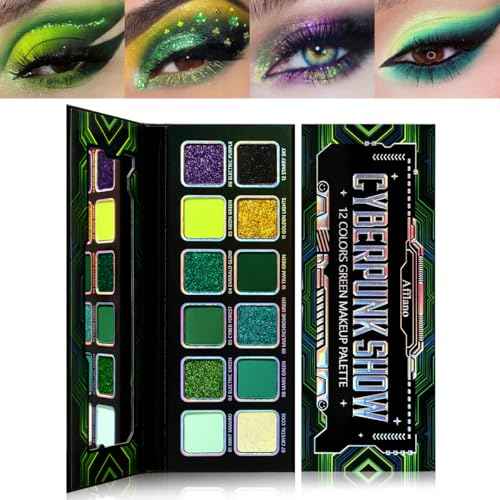 Green Eyeshadow Makeup Palette, 12 Color Green Glitter Holographic Eyeshadow with Matte Shimmer for Brown Eyes, Pigmented Silky Long Last Neon Yellow Blue Eye Shadow for Christmas, Party, Wicked,Vegan