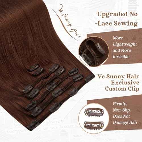 Ve Sunny Clip in Hair Extensions Real Human Hair Auburn Clip in Extensions Human Hair Easy Installation Auburn Clip in Human Hair Extensions for Women Daily Wear 120g 18inch