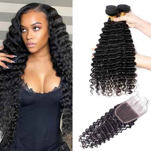 Deep Wave Bundles with Closure Human Hair 20 22 24 inch Wavy Curly Hair Extensions 5x5 HD Lace Closure Free Part 100% Unprocessed Virgin Hair with Closure