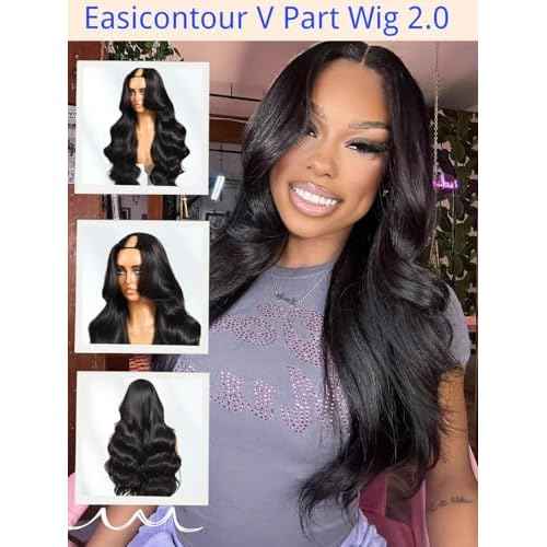 Nadula Yaki Wavy V Part Drawstring Wig Human hair with Blow Out Bangs, Glueless EasiContour Vpart Wigs No Leave Out Beginner Friendly Clip In V Shape Wigs Upgrade Wavy U Part Wig 150% Density 18inch