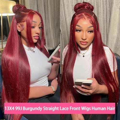24Inch Burgundy Wig Human Hair 13X4 99J Burgundy Straight Lace Front Wigs Human Hair Pre Plucked 200% Density HD Transparent Glueless Red Burgundy Straight Wigs Human Hair for Women with Baby Hair