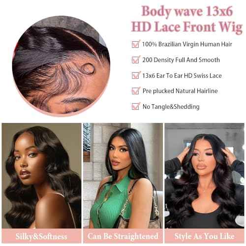 annione 24 Inch 13x6 Lace Front Wigs Human Hair 200% Density Real Human Hair Wig Body Wave HD Lace Frontal Wigs Pre Plucked Transparent Lace Natural Black for Women