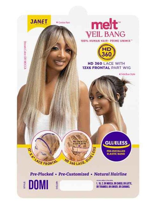 Janet Collection melt VEIL BANG HD 360 HUMAN HAIR BLEND PRIME UNIMIX Hand-Tied 13X6 Frontal with HD 360 Glueless Transparent Lace DOMI Wig (COLOR #DR CHOCO)