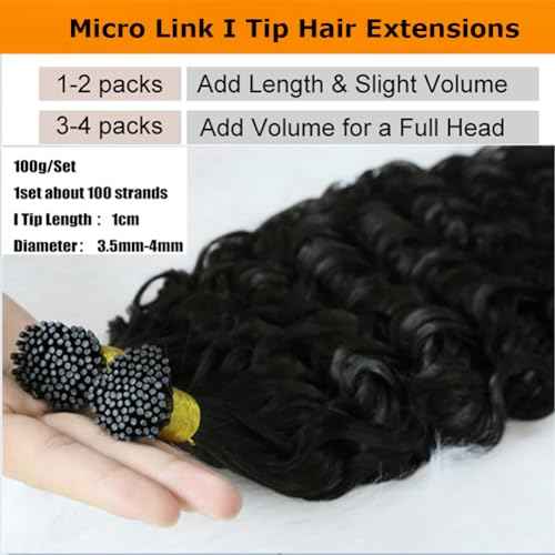 Water Wave I Tip Human Hair Extension Pre Bonded Microlink Wet & Wavy Micro Beads Keratin Stick I Tip Hair For Women 26inch 100Strands 100g, Natural Black 1b