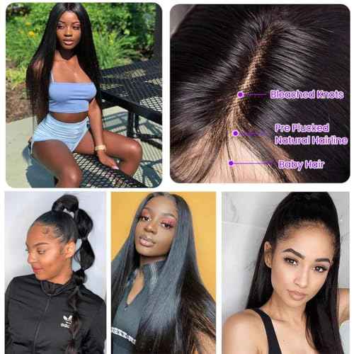 Straight Lace Front Wigs Human Hair Pre Plucked 13x4 HD Lace Frontal Wigs for Black Women Straight Wigs Human Hair with Baby Hair Glueless 180% Density Natural Black 30 Inch