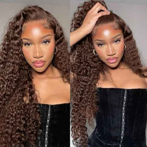 Full Deep Wave Lace Front Wigs Human Hair Chocolate Brown 220% Density 13x6 HD Lace Front Wigs Human Hair Pre Plucked Deep Curly Lace Frontal Wigs for Women Brazilian Virgin Hair 24inch