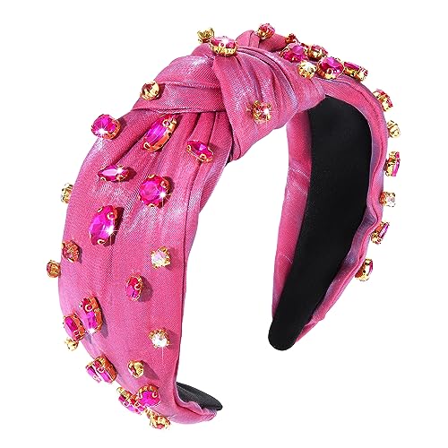 Crystal Velvet Headband Cross Knotted Turban Headdress Colorful rhinestone Statement Wide Hair Band Hoop Accessories For Women Girls (Rose Red)