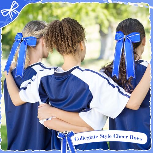DEEKA Long Tail Rhinestones Cheer Bows 12 PCS Collegiate Style Full Rhinestone Skinny Ponytail Holder Handmade for Girls Teens Cheerleader Sports (Royal Blue)