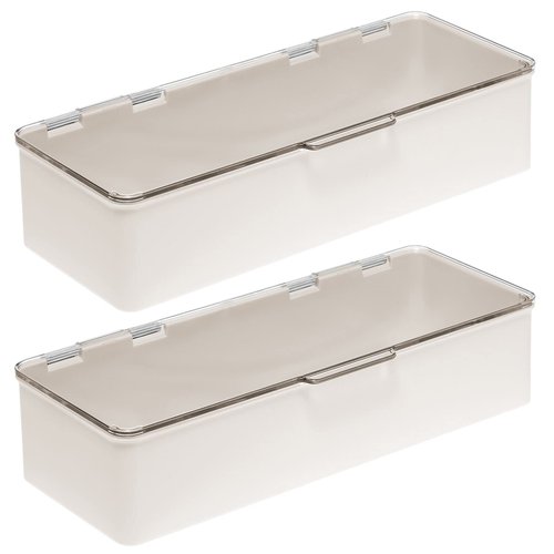 mDesign Long Plastic Cosmetic Storage Organizer Box Containers, Hinged Lid for Bedroom, Bathroom Vanity Shelf or Cabinet, Holds Masks, Palettes, Lotion, Nail Polish, 2 Pack, Cream/Beige/Clear