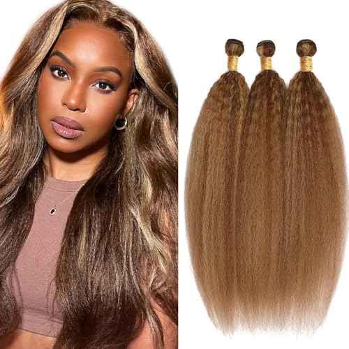 P427 Highlight Blonde Bundles Human Hair Brown Kinky Straight 3 Bundles 26 28 30 Inch Unprocessed Brazilian Virgin Remy Honey Blonde Yaki Straight Bundle Human Hair Extensions
