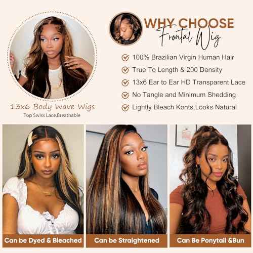 13x6 Highlight Body Wave Lace Front Wigs Human Hair Pre Plucked 200% Density FB/30 Ombre Frontal Wigs Human Hair HD Lace Wig Glueless Balayage Wigs for Black Women Human Hair Bleached Knots 24 Inch