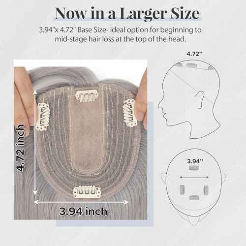 Human Hair Topper for Women, with Silk Base 3.94x4.72, 12 Inches, 4 Clips, for Thinning Hair, with Front Bangs, Salt and Pepper Color, Natural Look