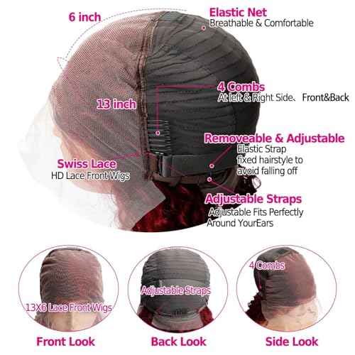 Burgundy Lace Front Wigs Human Hair 13x6 Deep Wave Lace Front Wigs Human Hair 180 Density Red Colored Wigs Human Hair for Black Women 99j Curly Lace Frontal Wigs (24 Inch)