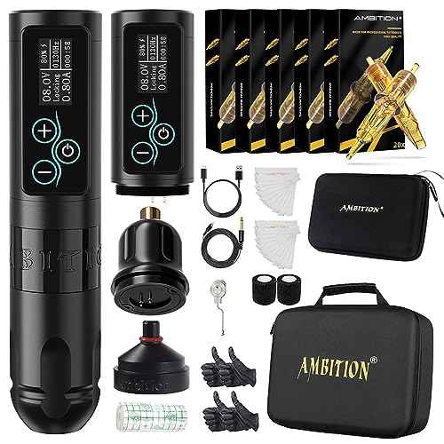 Ambition Rotary Tattoo Gun Kit, Vibe Wireless Tattoo Pen Machine Brushless Motor Dual 2400mAh Batteries with 100pcs Mixed Size Glory Tattoo Cartridge Needles for Pro Artists