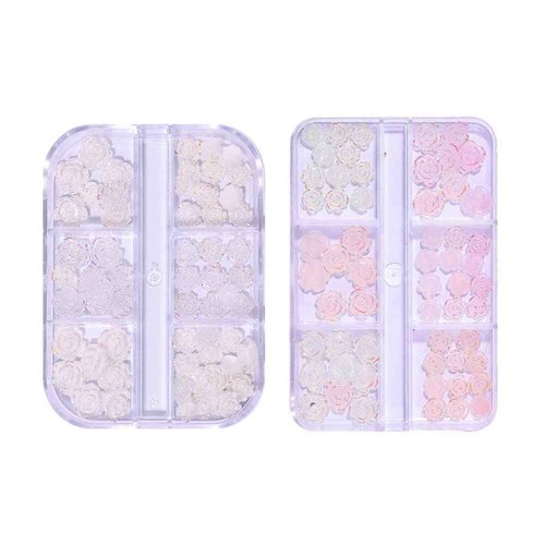 2 Boxes 3D Flower Nail Charms for Acrylic Nails, 12 Grids 3D Nail Art Flowers, Light Change Spring Summer Acrylic Flowers for Nails with Pearls Manicure DIY Nail Decorations (Camellia)