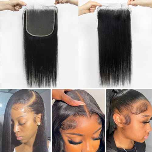 6x6 Lace Closure, Ultra-Thin Invisible HD Transparent Lace Closure Pre Plucked with Baby Hair 12A Grade Straight Brazilian Human Hair Closure with Free Part Natural Hairline 14 Inch