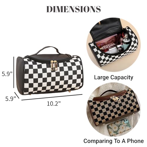 Waztyuk Checkered Makeup Bag Travel Purse Toiletry Bag Women Cute Cosmetic Case Portable Hanging Organizer for Essentials (Black)