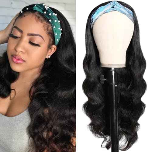 Human Hair Body Wave Headband Wig, 26 Inch, Black, Glueless, Wavy (loose waves), 21.75 Inch Cap Size
