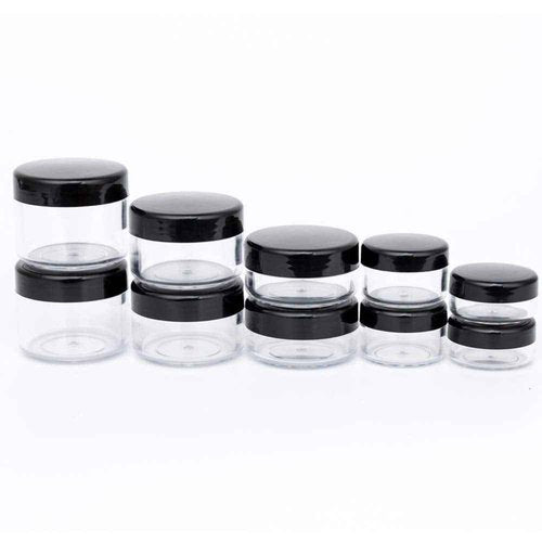 ZEJIA 10pcs Small Travel Containers, Black Sample Jars with Screw Lids, 5 Size 3/5/10/15/20 Gram, 12pcs Labels and 2pcs Mini Disposable Spatula, Makeup Sample Containers BPA Free