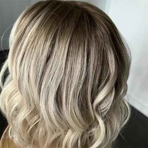 Short Bob Ash Blonde Lace Frontal Wig Human Hair Brown Highlight 13x4 Water Wave HD Transparent Lace Front Human Hair Wigs For Women 180% Density Brazilian Hair Blonde Highlight Wigs 8Inch